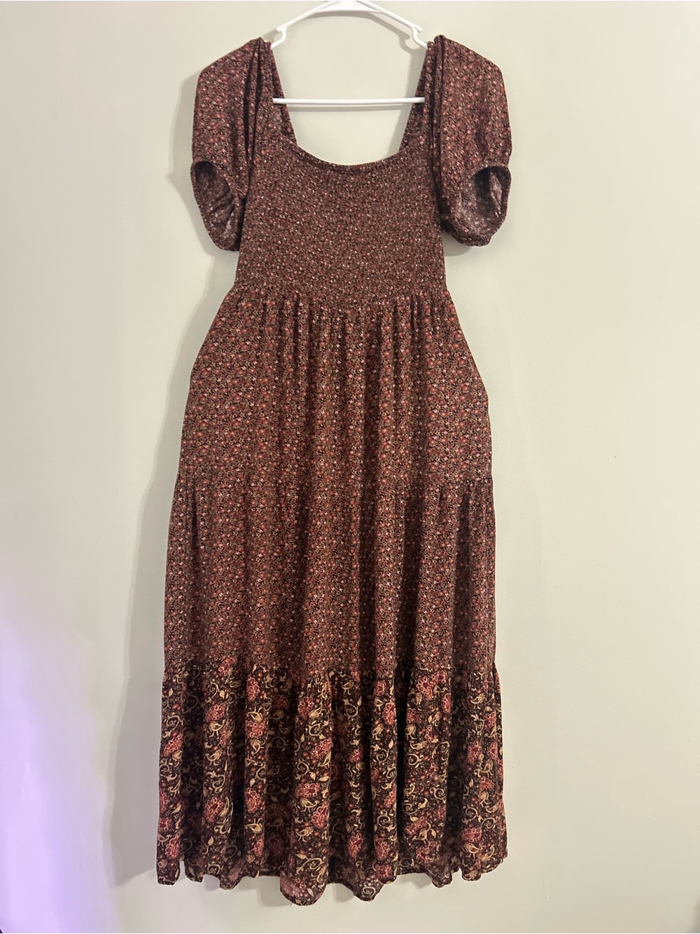 American Eagle Maxi Dress Small Red Brown Floral Smocked Puff Sleeve Boho